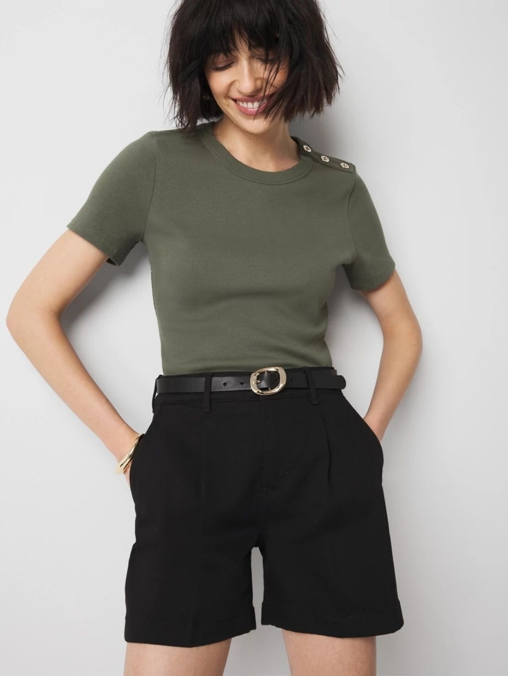 WHBM | High-Rise Pleated Denim Short Solid Black